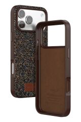 iPhone 17 Pro OneGif Simli Kılıf – Boncuk Detaylı Parlak Telefon Kapağı Kahve