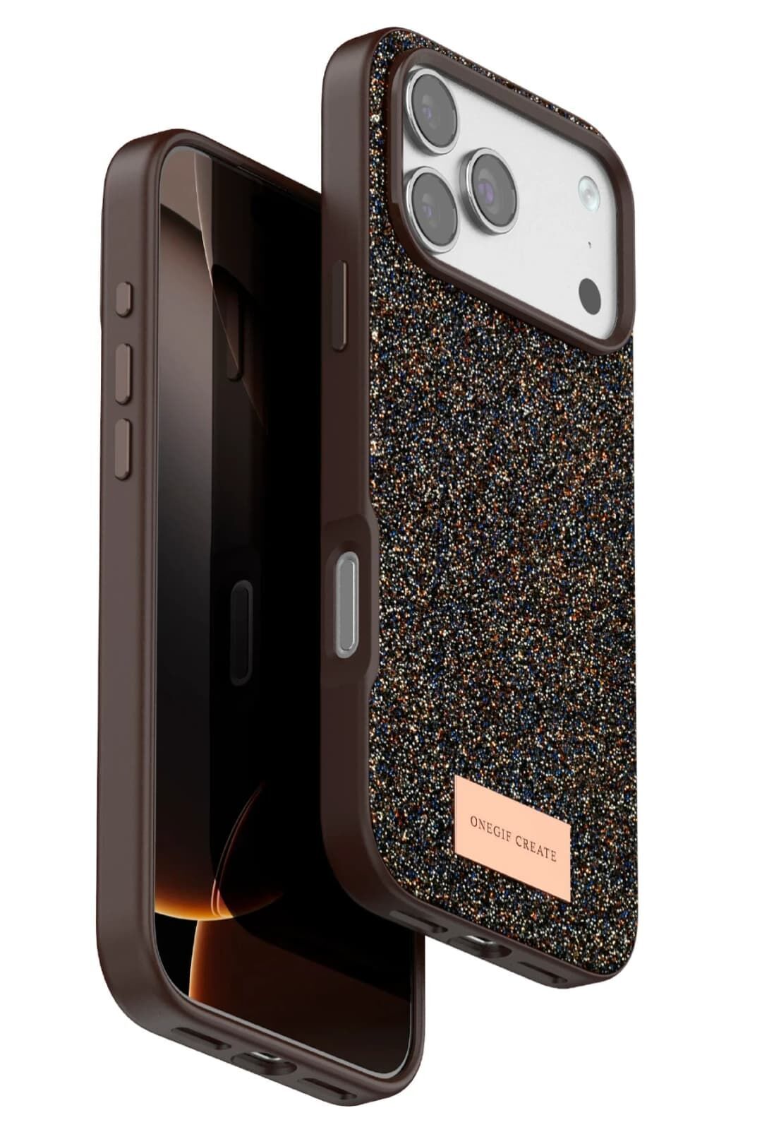 iPhone 17 Pro OneGif Simli Kılıf – Boncuk Detaylı Parlak Telefon Kapağı Kahve