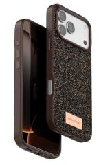 iPhone 17 Pro OneGif Simli Kılıf – Boncuk Detaylı Parlak Telefon Kapağı Kahve