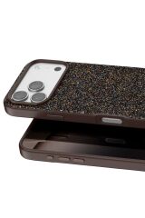 iPhone 17 Pro OneGif Simli Kılıf – Boncuk Detaylı Parlak Telefon Kapağı Kahve