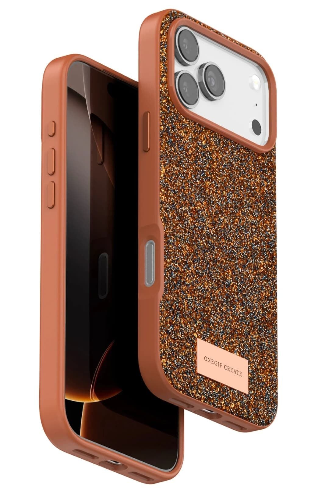 iPhone 17 Pro Max OneGif Simli Kılıf – Boncuk Detaylı Parlak Telefon Kapağı Turuncu