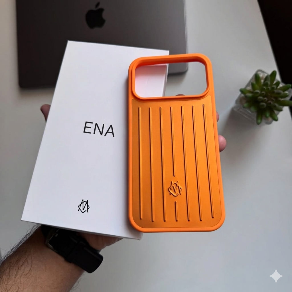 iPhone 17 Pro Max için ENA (TURUNCU) Oluklu Desenli Kılıf – Alüminyum Görünümlü Darbe Koruyucu Telefon Kılıfı